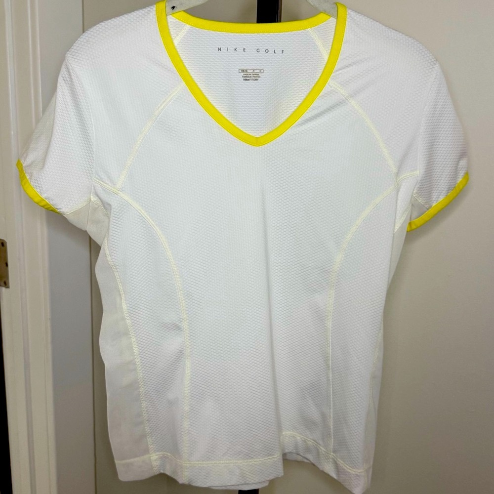 Nike White and Yellow Short Sleeve Golf Tee
